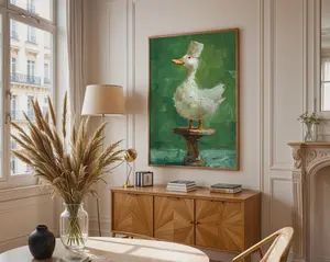 Whimsical Duck Chef Print Wall Art, Green Impasto Kitchen Decor Print