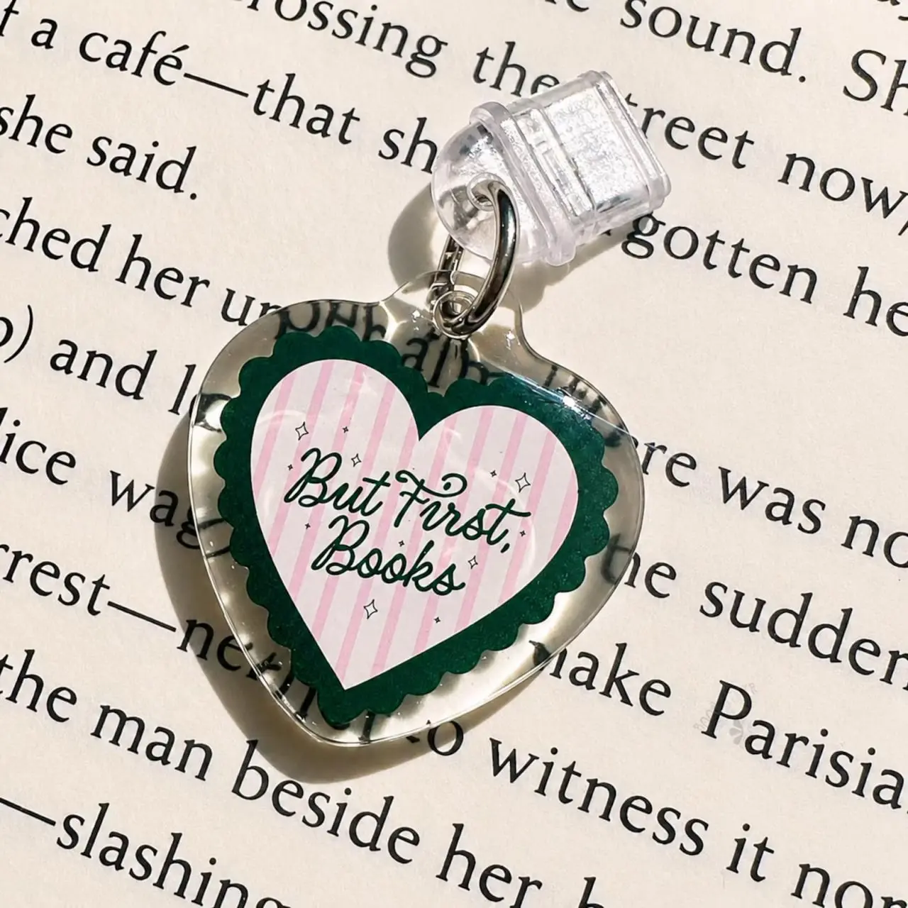 "But First, Books" Heart Dust Plug Charm - Aesthetic Bookish Phone Accessory for Readers