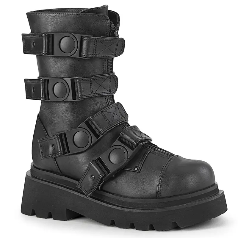 Demonia Men's Renegade-55 Black Synthetic Vegan Leather Strappy Calf-Height Platform Ankle Boot, Modern Rebels Footwear with Quick-Release Fit, Center Front Metal Zip