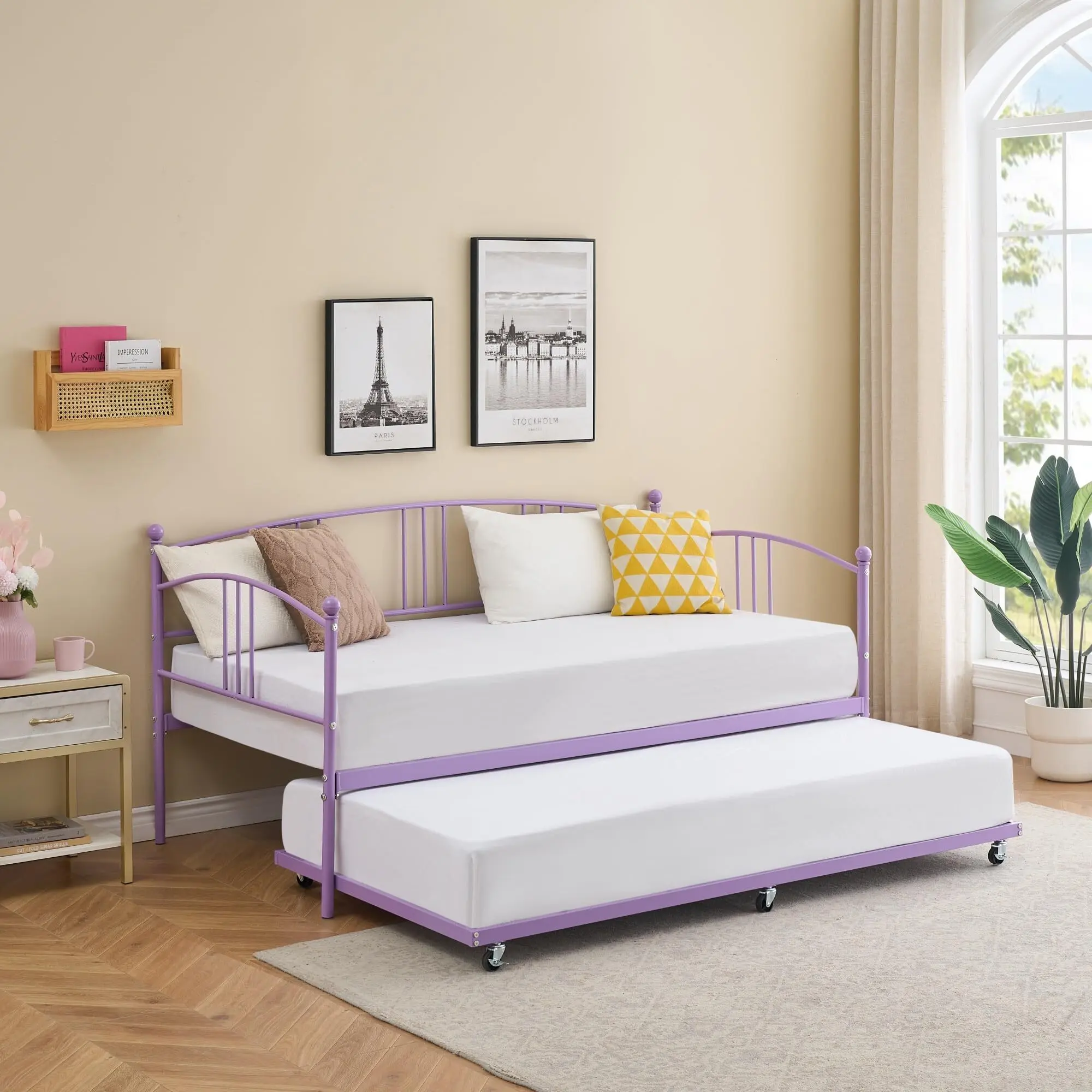 【Christmas Gift】Twin Purple Daybed with Trundle Metal Twin Size Daybed with Pullout Trundle 6 Casters Steel Slat Support Sofa Bed for Living Room Bedroom Guest Room