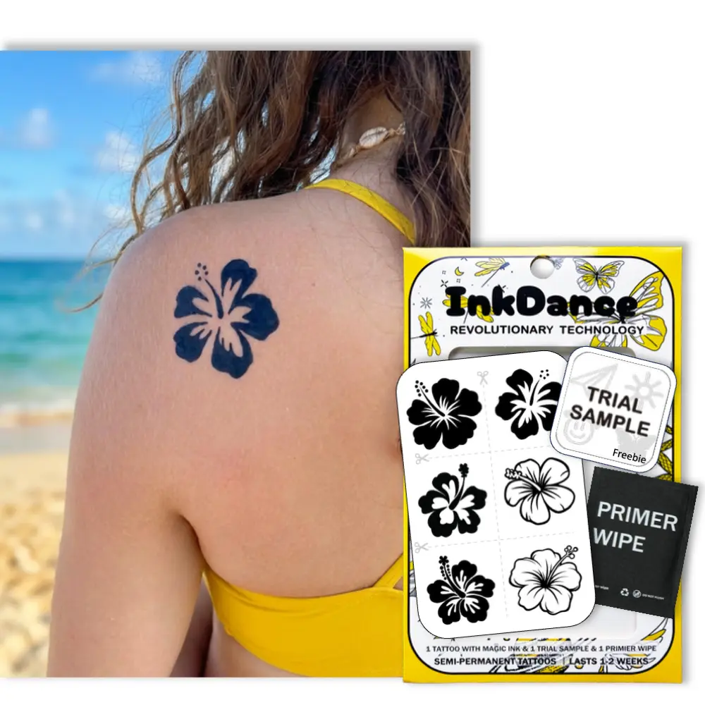 InkDance Semi-Permanent Tattoo Set of 6 (Aloha Noir Tropical Hibiscus Design D091) - Waterproof Plant-Based Ink, All Skin Types, 1-2 Weeks Longevity, Color Develops in 24 Hours
