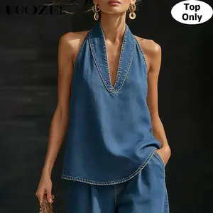 UOOZEE Women's New Summer Casual Loose Sleeveless V-Neck Denim Halter Vest (Top Only), Deep V Neck Sleeveless Blouse, Casual Loose Fit Summer Tank Top, Y2K Streetwear Halterneck Denim Shirt, 3 Colors Available, Women's Tops, Tank Top For Women,summervibes