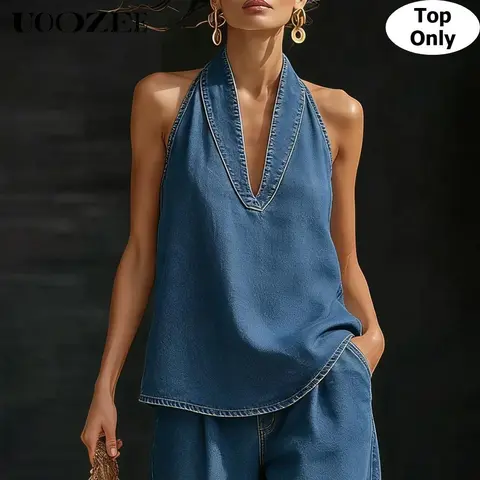 UOOZEE Women's Foldable Vintage Denim Halter Top - Deep V-Neck, Sleeveless, Loose Fit, Y2K Streetwear, Light Feminine Everyday Statement Piece, Hoop Accent (Top Only, Premium Fabric)
