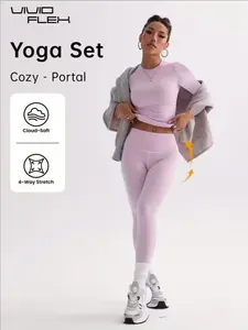 Women's Solid Long Sleeve Tee & Leggings Loungewear Two-piece Set, Casual Comfy Fit Round Neck Top & Skinny Pants Loungewear Set, Ladies Loungewear for Spring & Fall