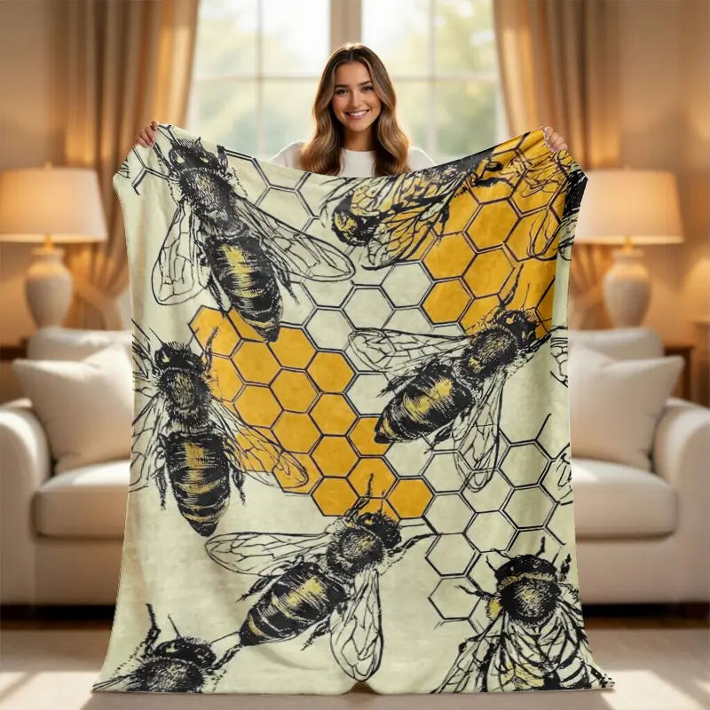 Vintage Honeybee Flannel Blanket Cottagecore Aesthetic Honeycomb Fleece Blanket Soft Cozy Yellow Bee Pattern Couch Bed Throw Blanket Gift