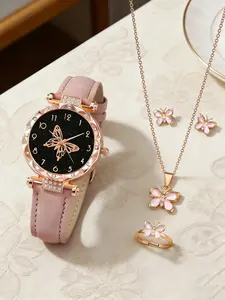 Women's Quartz Watch Set, Round Butterfly Pattern Case, PU Leather Strap, Includes Necklace, Earrings, Ring, Casual Style, All Seasons