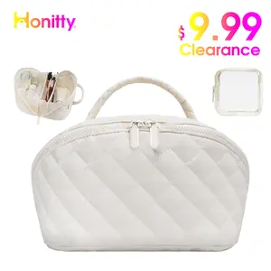 Women's Travel Makeup Bag - 180° Lay-Flat Hanging Puffer Quilted Polyester Organizer, Waterproof Portable Toiletry Pouch for Makeup Products, Large/High-Capacity Lovely Pouches Make-Up Bags with Secure Zipper, Top Single Handle, Ideal for Long Haul Travel