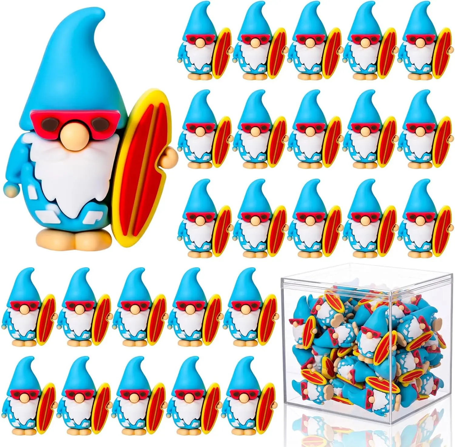 25 Pcs Mini Summer Gnomes Figures with 3‘' Display Box Miniature Gnome Figurines Decors Tiny Summer Statues to Hide Party Favors Yard Shelf Tabletop Office Home