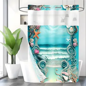 LVRLVR 1pc Coastal Beach Starfish Shell Shower Curtain with Sheer Top Window, Detachable Liner & No Hook C-Ring, 70.8" x 74"