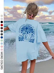 Women's Casual Tropical Graphic T-Shirt with Palm Tree Sun Print, Stylish Summer Top for Beach Vacation, Loose-fitting Everyday Daily Wear
