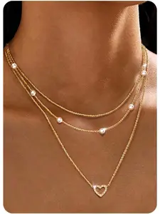 3Pcs Necklaces for Women Gold Plated Necklace Set Gold Heart Necklace CZ Layered Necklace Pearl Heart Pendant Necklace Silver Jewellery for Women - with Jewellery Box