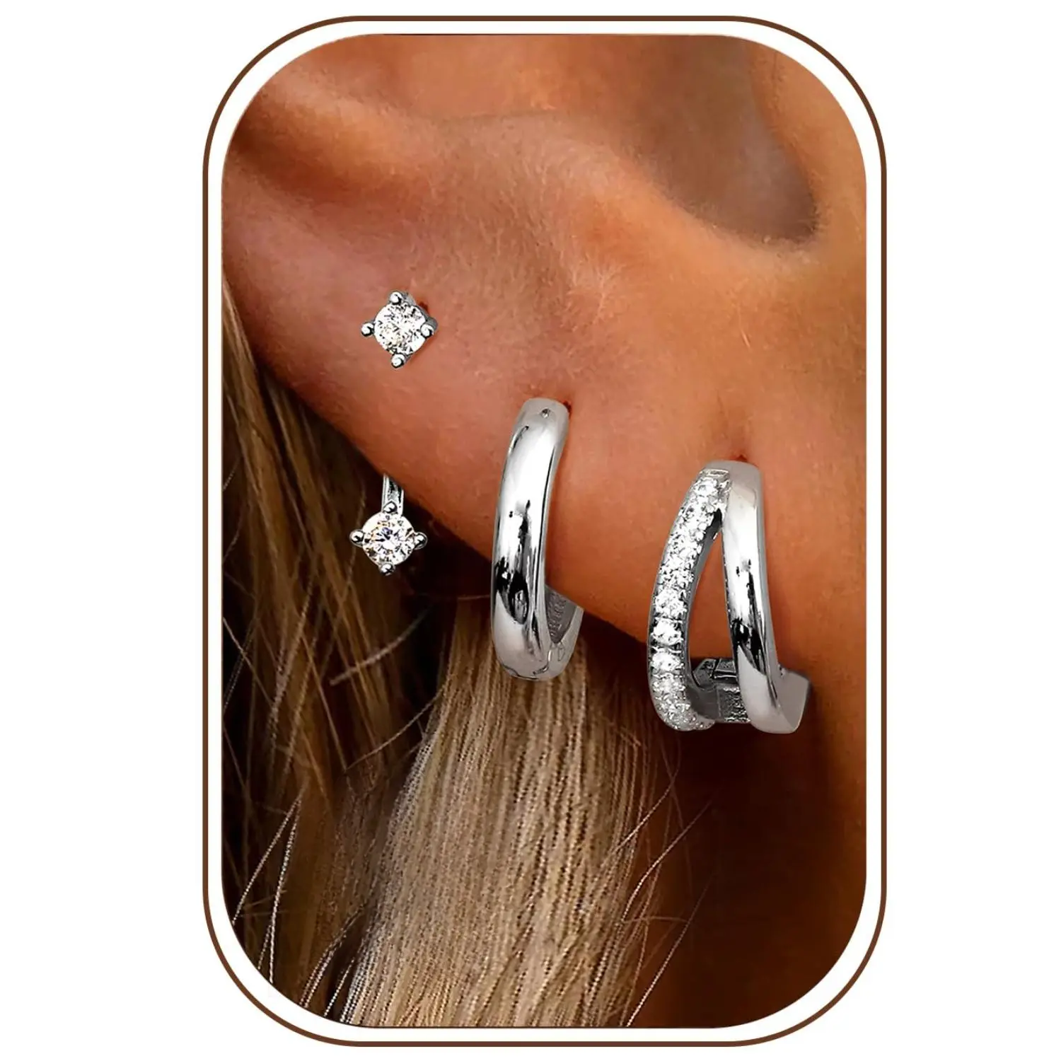 FIASASO 3 Pairs Sterling Silver Stud Hoop Earrings Set for Women Earring Stacks Hypoallergenic Cartilage Earring Sets for Multiple Piercings