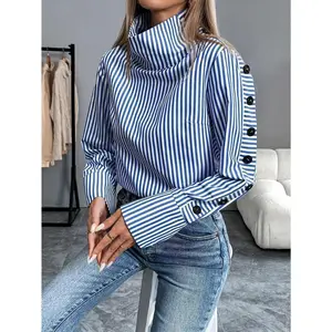 Elegant French Stripe Polyester Long Sleeve Turtleneck Shirt - Button Detail, Spring/Autumn Fashion, Adult Casual Top, Woven Fabric