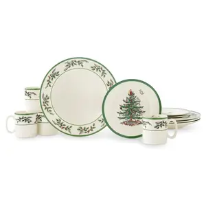 Spode Christmas Tree 12-Piece Dinnerware Set, Service for 4 - Festive Holiday Tableware Collection with Plates and Mugs  - Microwave & Dishwasher Safe