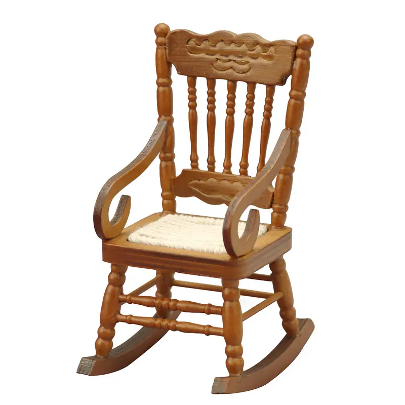 1pc 1:12 Scale Finely Carved Wooden Mini Chestnut Wood Rocking Chair Handmade Collectible Dollhouse Furniture for Display Miniature Scene Accessory Christmas Easter New Year Gift