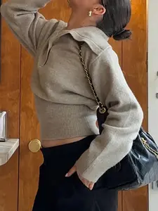 Stand Collar Waist Cinched Fitted Button Knit Sweater, Vintage Basic Casual Elegant Streetwear, Women's Fall Winter Pullover Knitwear