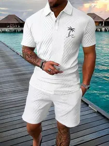 Men's Summer Knit Textured Button-Down Collared T-Shirt Set, Casual Outfit Set, Tropical Coconut Tree Pattern, Outdoor Play Running Fitness Casual Wear, Perfect Gift