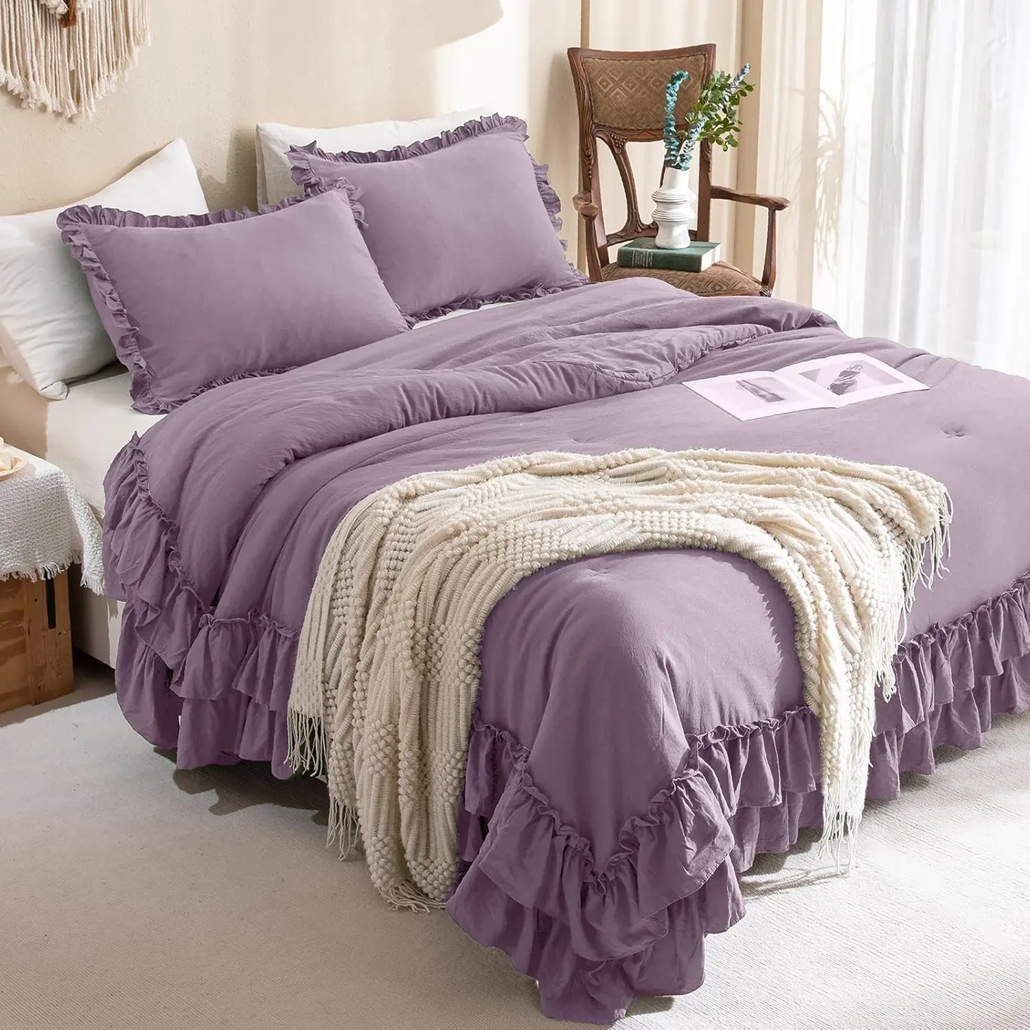 Farmhouse King Size Comforter,Boho Grayish Purple Ruffled King Comforter Vintage Rustic Sets 3 (1 Ruffle Comforter and 2 Pillowcases)