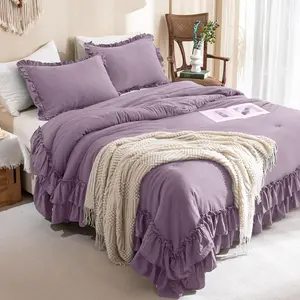 Farmhouse King Size Comforter,Boho Grayish Purple Ruffled King Comforter Vintage Rustic Sets 3 (1 Ruffle Comforter and 2 Pillowcases)