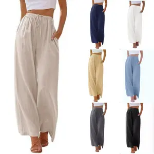 Plus-size women's linen loose casual pocket drawstring wide-leg pants