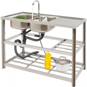 Free Standing Commercial Double Bowl Kitchen Utility Sink Set with Faucet Set Stainless Steel Table for Garages, Laundry Rooms, Basements, Terraces