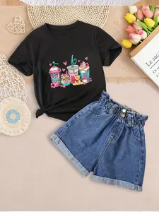 Girls Summer Two-Piece Set, Round Neck Top with Cute Dessert Print, Blue Gradient Heart Milk Tea Cup, Loose Fit Denim Skirt