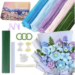 500 count Pipe Cleaners Craft for Flower - 5 Assorted Colors Chenille Stems Pipe Cleaners Bulk 25sturdy floral stems, 200Stamens, Ribbon, Glue Sticks &  for DIY Bouquets &  Decor(Blue)