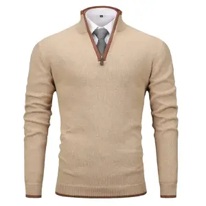 Garmentory Men’s Autumn/Winter Olive Green Quarter-Zip Sweater, Slim Fit, Lightweight, High Neck Pullover, Casual Boston Wool Classic Polyester Long Sleeve Shirt, Elegant Knit Collar Sweater, Navy Blue