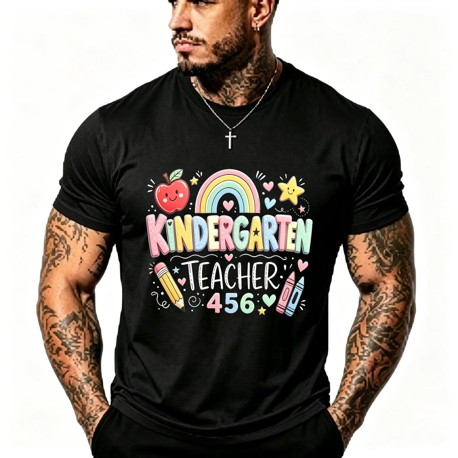 Men's Round Neck Short-Sleeve T-Shirt, Menswear Casual Top with Kindergarten Teacher Rainbow Back to School Colorful Print Design