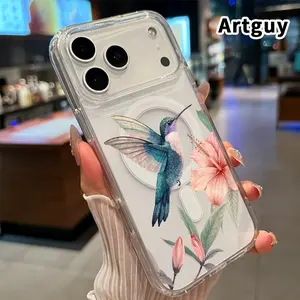 Transparent Magnetic Phone Case for iPhone 17 16  Pro Max Plus 15 14 13 12 11 Air E Hummingbird and Hibiscus  Patterned Acrylic Back Non Slip Protective Cover Gift