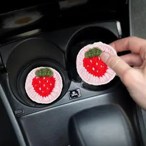 Cute Strawberry Design Car Coaster, 2 Counts Handmade Crochet Car Cup Holder Coaster, Car Interior Decoration Accessories for Women & Girls, Car Interior Accessory