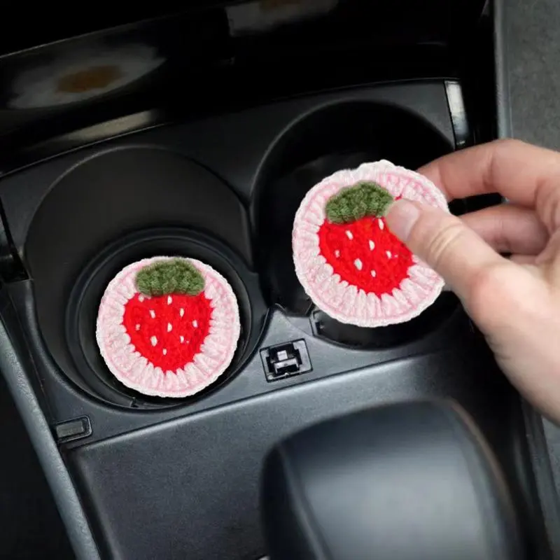 Cute Strawberry Design Car Coaster, 2 Counts Handmade Crochet Car Cup Holder Coaster, Car Interior Decoration Accessories for Women & Girls, girly car accessories, Car Interior Accessory, Car Ornament, automotive decorative accessories