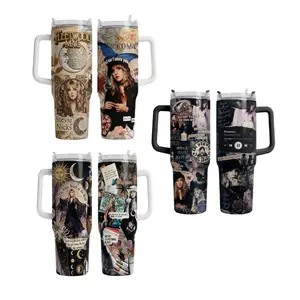 Stevie Nicks Fleetwood Mac Tumbler 40oz With Handle & Straw, Rhiannon Inspired Aesthetic Collage Travel Mug