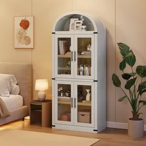 Arched Bookshelf with Doors Farmhouse Bookcase - Wooden Bookcase Storage Cabinet Rounded Display Storage Shelves Cabinet, Large Kitchen Pantry Cabinets for Living Dining Room Office