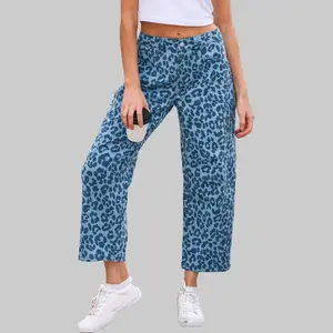 Dear-Lover Women's Sky Blue Leopard Print Casual Cotton Straight Loose Fit Streetwear Denim Pants - Stylish, Comfortable Bottoms
