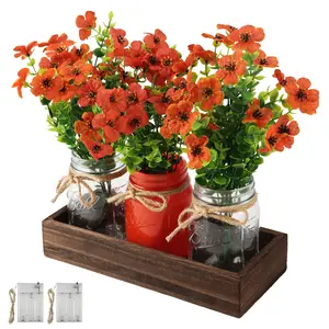 3 Pcs Mason Jar Centerpiece Table Decorations for Dining Table Decor Farmhouse Coffee Table Decor with Wood Tray and Led Light Table Centerpieces for Dining room Kitchen Living Bathroom,Orange