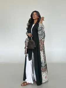 Elegant Loose-Fitting Abaya with Irregular Floral Print, Long Sleeve Arabic Cover-Up for All Seasons, Stylish Plain Design Loose Abayas