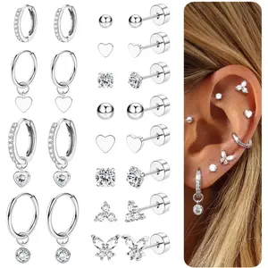 MILACOLATO 15 Pairs Earrings for Women, 316L Stainless Steel Flat Back Earrings Gold Silver Hoop Stud Earring Hypoallergenic for Multiple Piercings