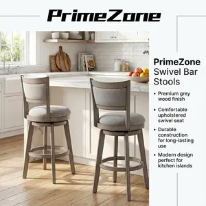 Swivel Bar Stools Set of 2 Premium, 30 Inch Bar Height, High Back with Solid Wood Legs and Wrap-Around Footrest, Grey Counter Stools for Kitchen Island Pub