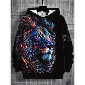Novel And Stylish Men'S Colorful Lion Animal Pattern 3D Print Casual Long-Sleeve Hoodie, Suitable for Spring And Autumn, Perfect for Men'S Outings.