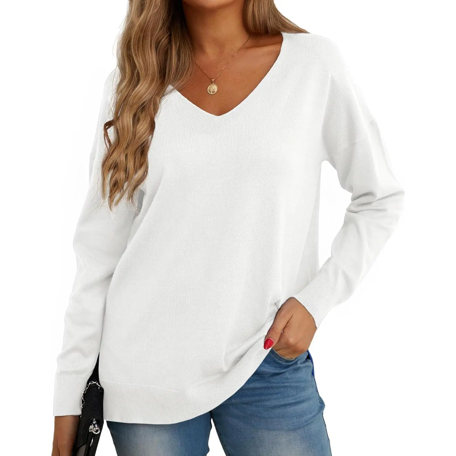 Women'S V-Neck Long Sleeve Side Split Loose Casual Knit Pullover Sweater Blouse