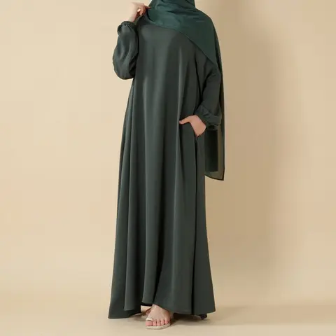 Women's 1-Piece Loose Fit A-Line Silhouette Full Length Muslimah Style Islamic Abaya - Breathable Matte Luxe Weave Nida Zoom Fabric Dress, Elastic Cuff Long Sleeves, Minimalist Modesty Design, Pockets (Care: Avoid Direct Sunlight, Cold Wash)