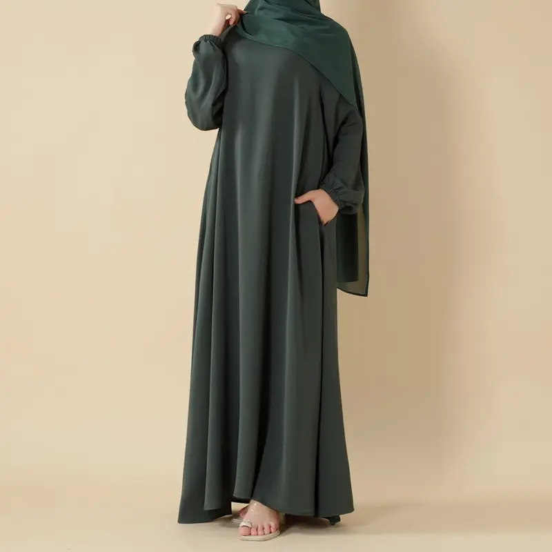 Women's 1-Piece Loose Fit A-Line Silhouette Full Length Muslimah Style Islamic Abaya - Breathable Matte Luxe Weave Nida Zoom Fabric Dress, Elastic Cuff Long Sleeves, Minimalist Modesty Design, Pockets (Care: Avoid Direct Sunlight, Cold Wash)