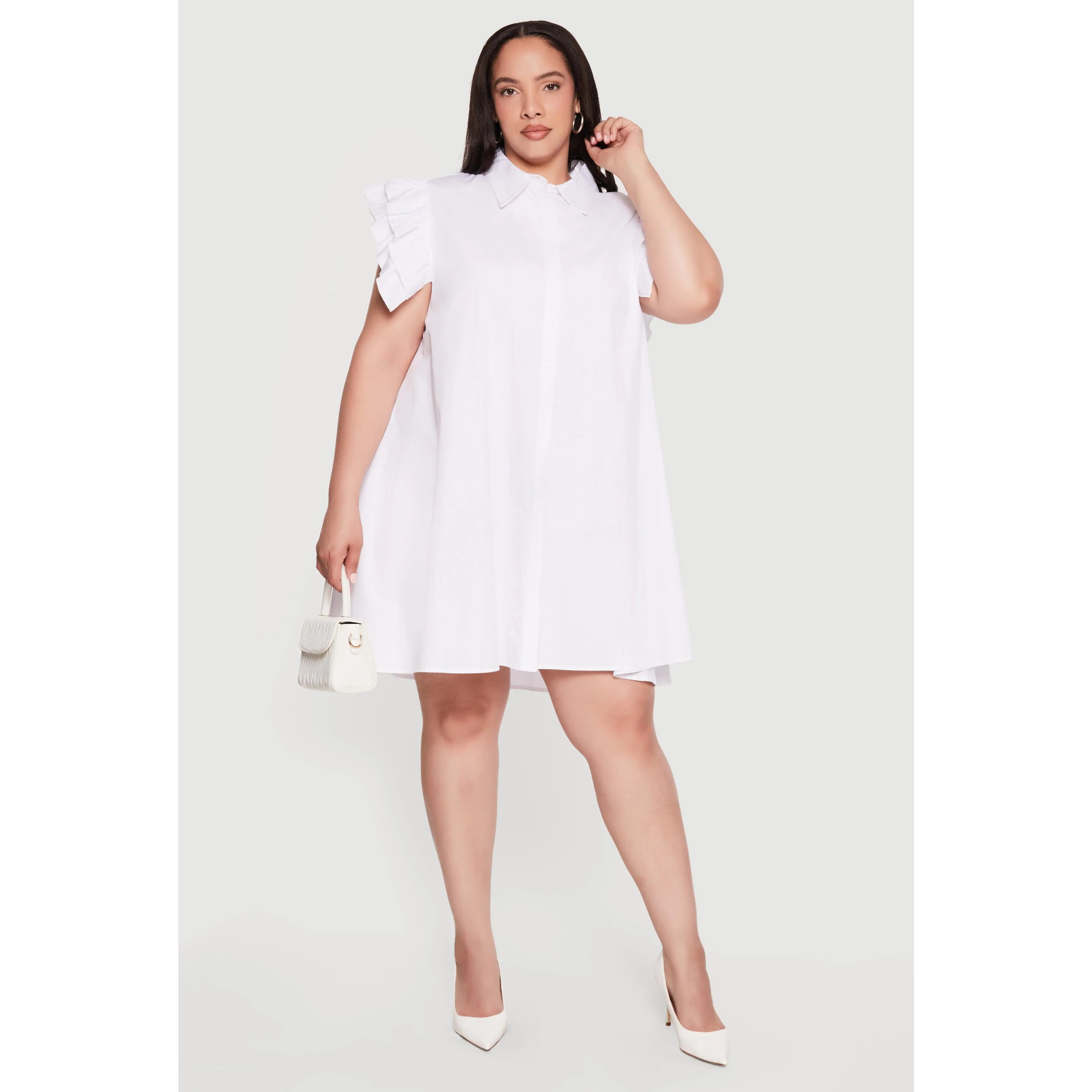 Plus Size Poplin Ruffle Sleeve Midi Shirt Dress