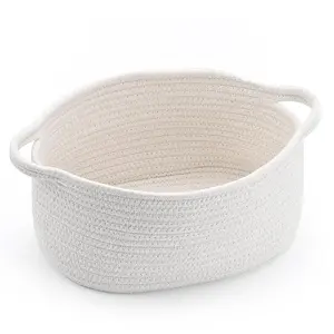 Woven Storage Basket with Handle, Container for Gifts Empty, Decorative Organizer Bins Box for Pet Dog Toys Baby Essentials Snack Diaper Towel White