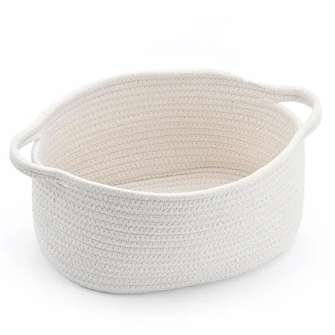 Woven Storage Basket with Handle, Container for Gifts Empty, Decorative Organizer Bins Box for Pet Dog Toys Baby Essentials Snack Diaper Towel White