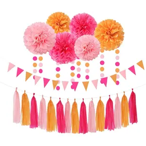 Hot-Pink Burnt-Orange Fall Party Decorations - 23pcs Birthday Baby Shower Tissue Pom Poms Streamers,Sunset Autumn Thanksgiving Tassel Garland Banner,Bridal Wedding Graduation Decor Backdrop