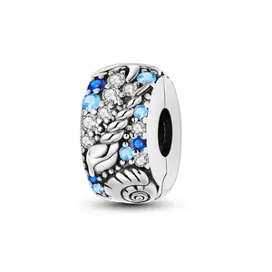 MULA Ocean Themed Safety Clip Charm in 925 Silver-plated or Gold Plated Finish with Cubic Zirconia - Fits Pandora Bracelets and Necklaces, Perfect Gift for Women, Girls and Nature Lovers