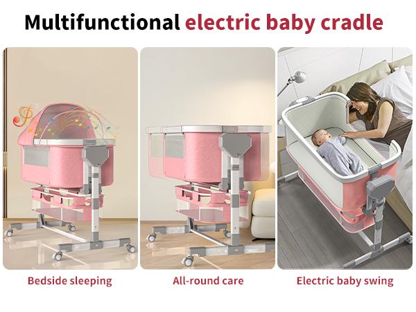 Electric Baby Bassinet with 6 Height Adjustments & 4 Lullabies, Stable Horizontal Swing, Bedside Sleeper, 3 Modes, Built-in Music, Bluetooth 5.0, 360° Rotating Wheels
