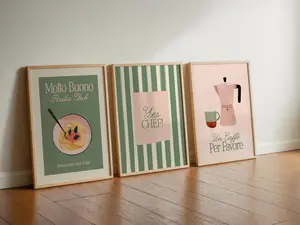 Kitchen Prints Set of 3 Trendy Italian Green & Pink Theme, Trendy Home Decor, Lightweight Feel, Moves with You, All-Day Comfort, Zero Compromise